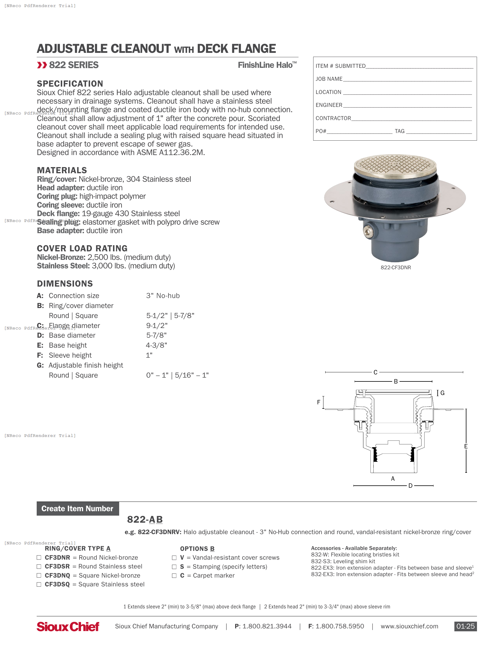822 SERIES - FINISHLINE HALO CLEANOUT NO-HUB - SPEC SHEET.PDF Specification Document